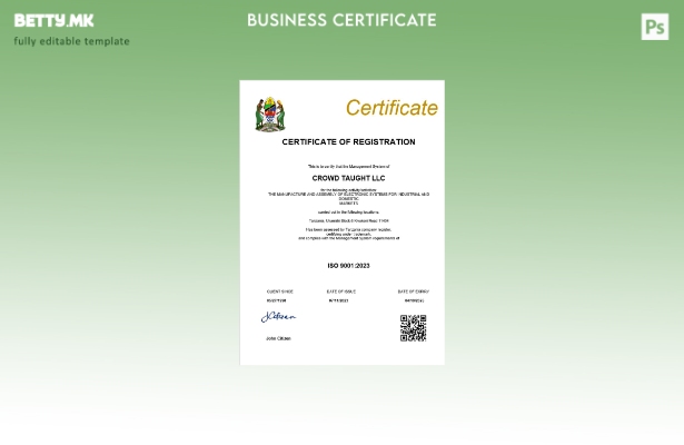 модерен стил Танзанија сертификат за регистрација на бизнис Шаблон за Word и PDF